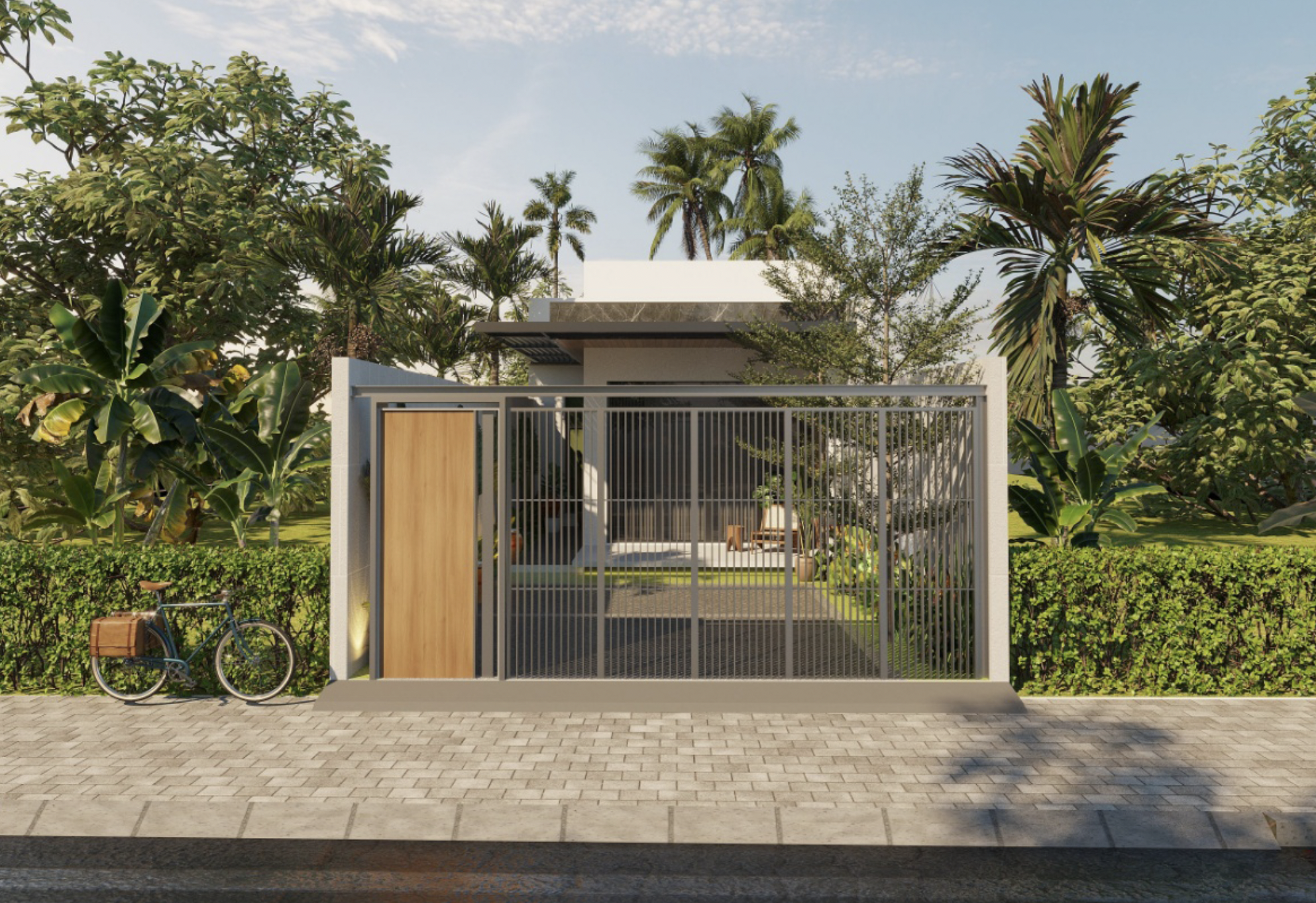 Nhà vườn hiện đại với cổng sắt, cây xanh xung quanh và xe đạp bên đường.