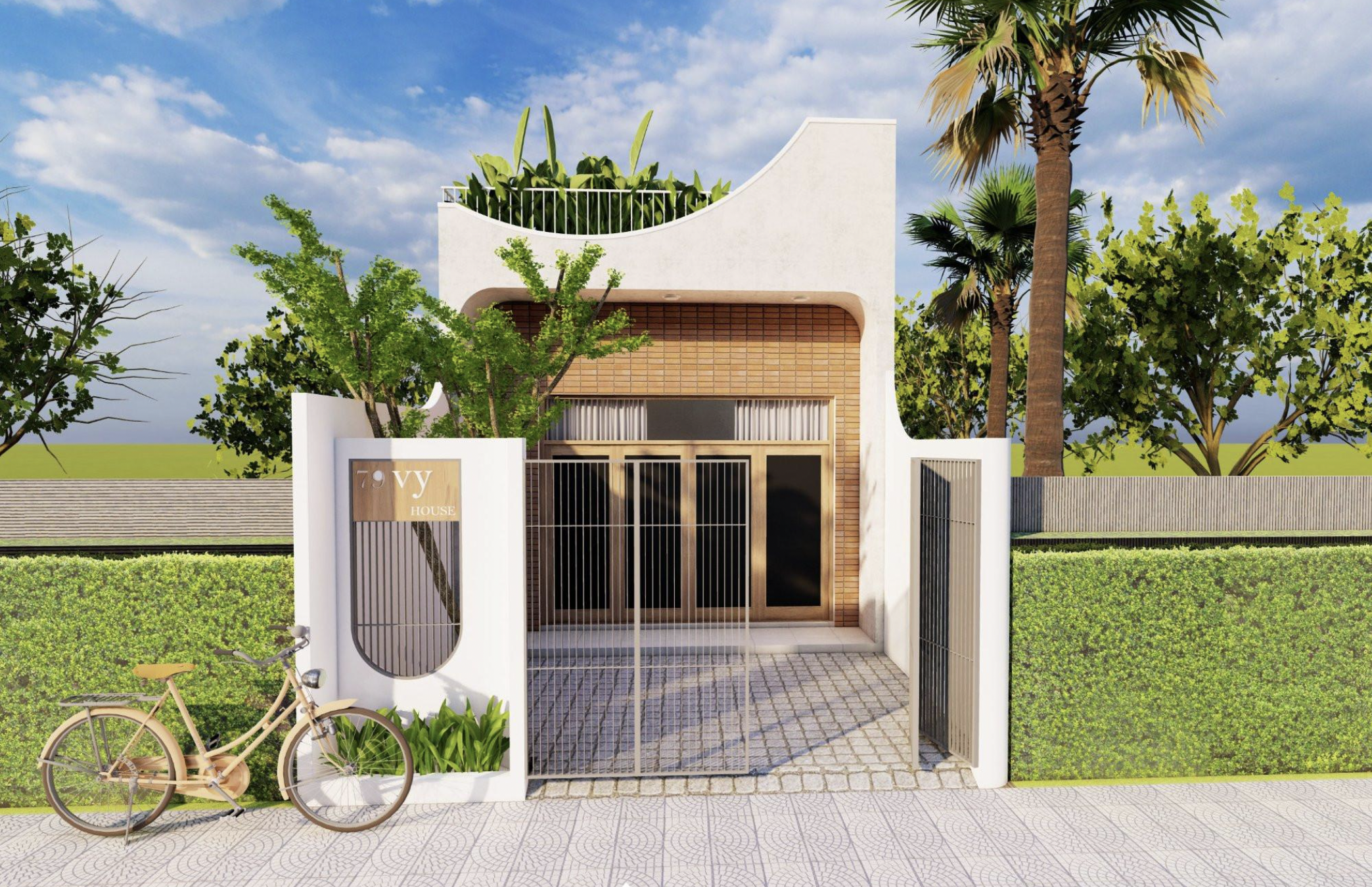 Ngôi nhà nhỏ hiện đại có sân vườn cây xanh, cổng sắt, và xe đạp trước cửa. Pha trộn kiến trúc và thiên nhiên.