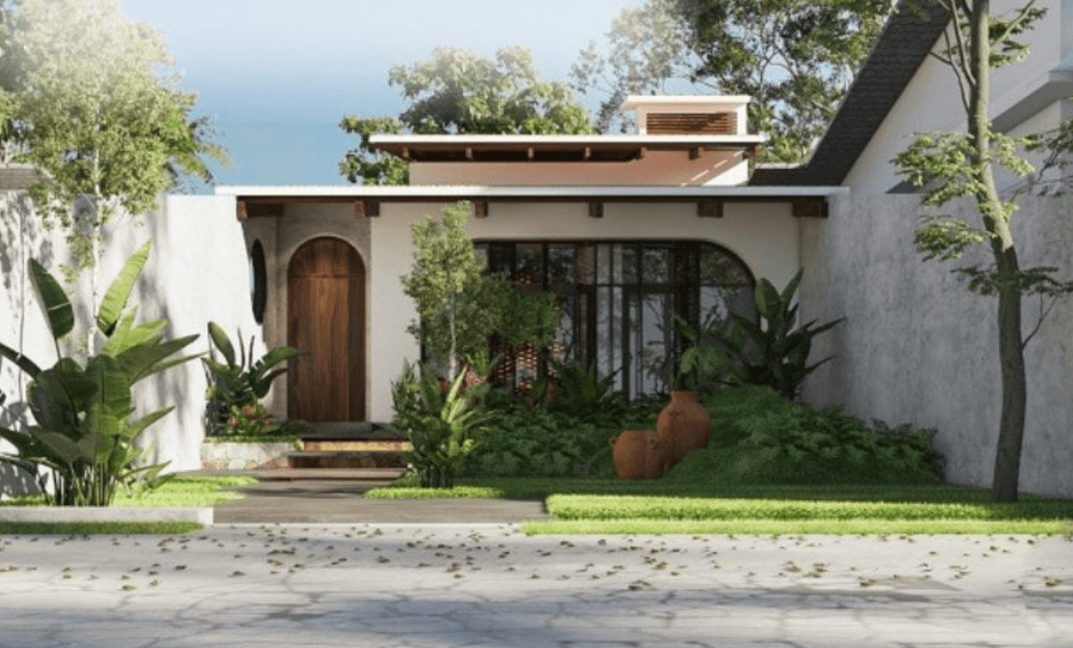 Ngôi nhà hiện đại với cửa gỗ, cây xanh xung quanh, thiết kế tối giản và ánh sáng tự nhiên.