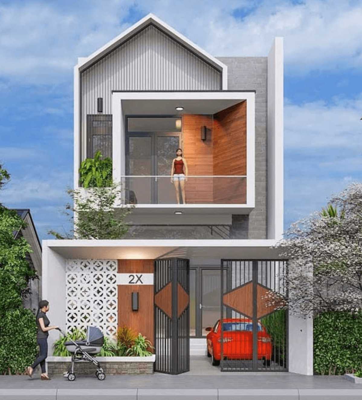 Ngôi nhà hiện đại 2 tầng với ban công, xe hơi đỏ và người phụ nữ đẩy xe nôi phía trước.