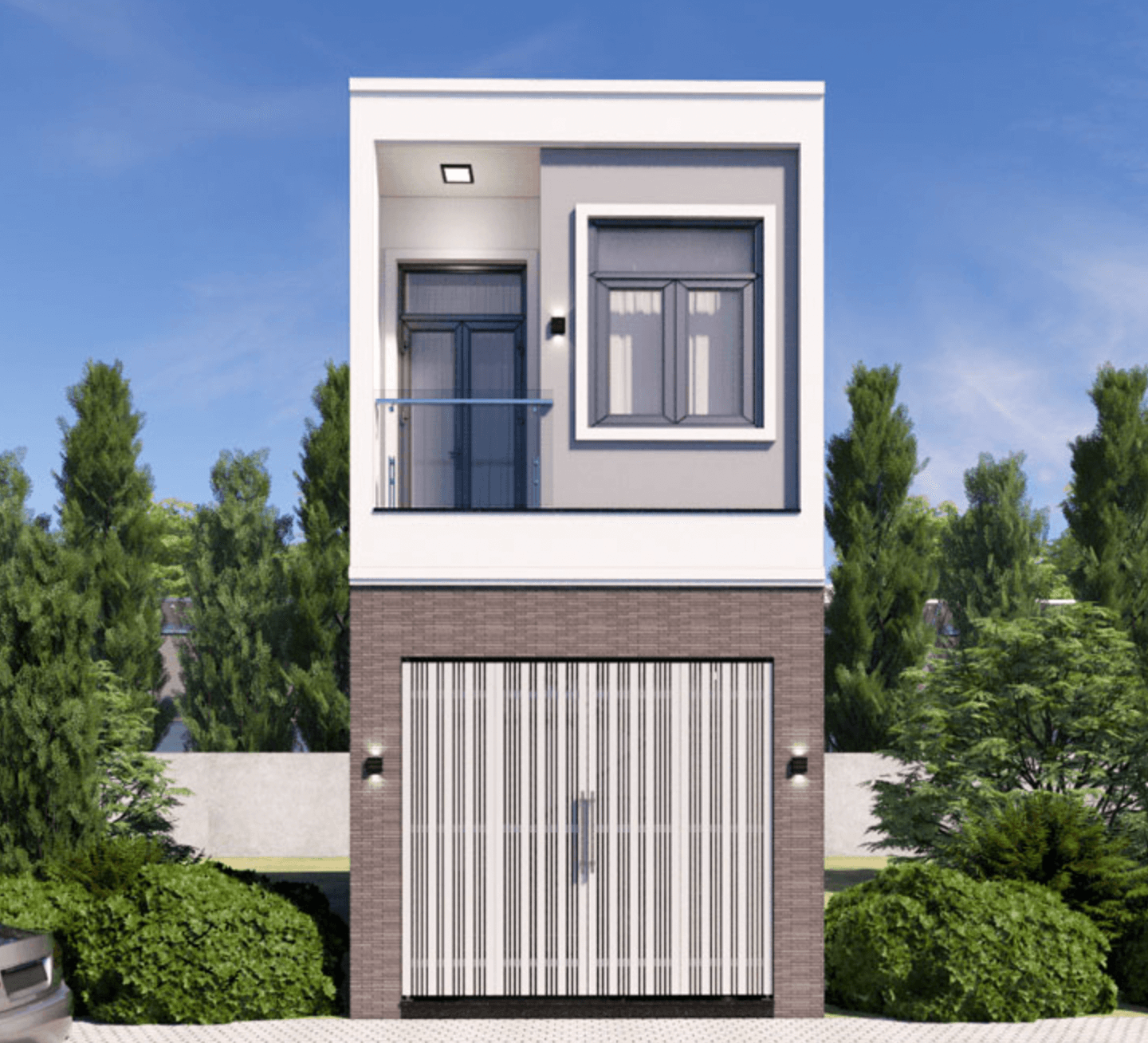 Nhà phố hiện đại 2 tầng, mặt tiền có cửa kính và gara, xung quanh có cây xanh và bầu trời xanh trong.