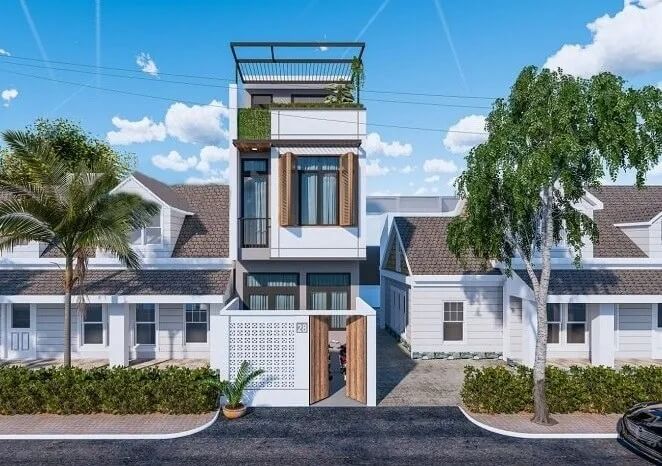 Nhà phố hiện đại với mái xanh và cây cối xung quanh tạo không gian sống xanh và thoáng mát.