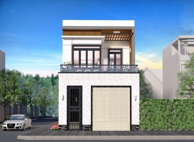 Mẫu nhà phố hiện đại 2 tầng với gara và sân thượng, đường phố cây xanh, xe hơi đỗ bên đường.