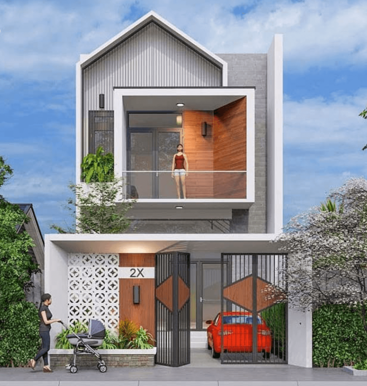 Ngôi nhà hiện đại hai tầng với sân vườn, xe hơi đỏ và ban công thoáng mát, người phụ nữ đẩy xe nôi em bé.