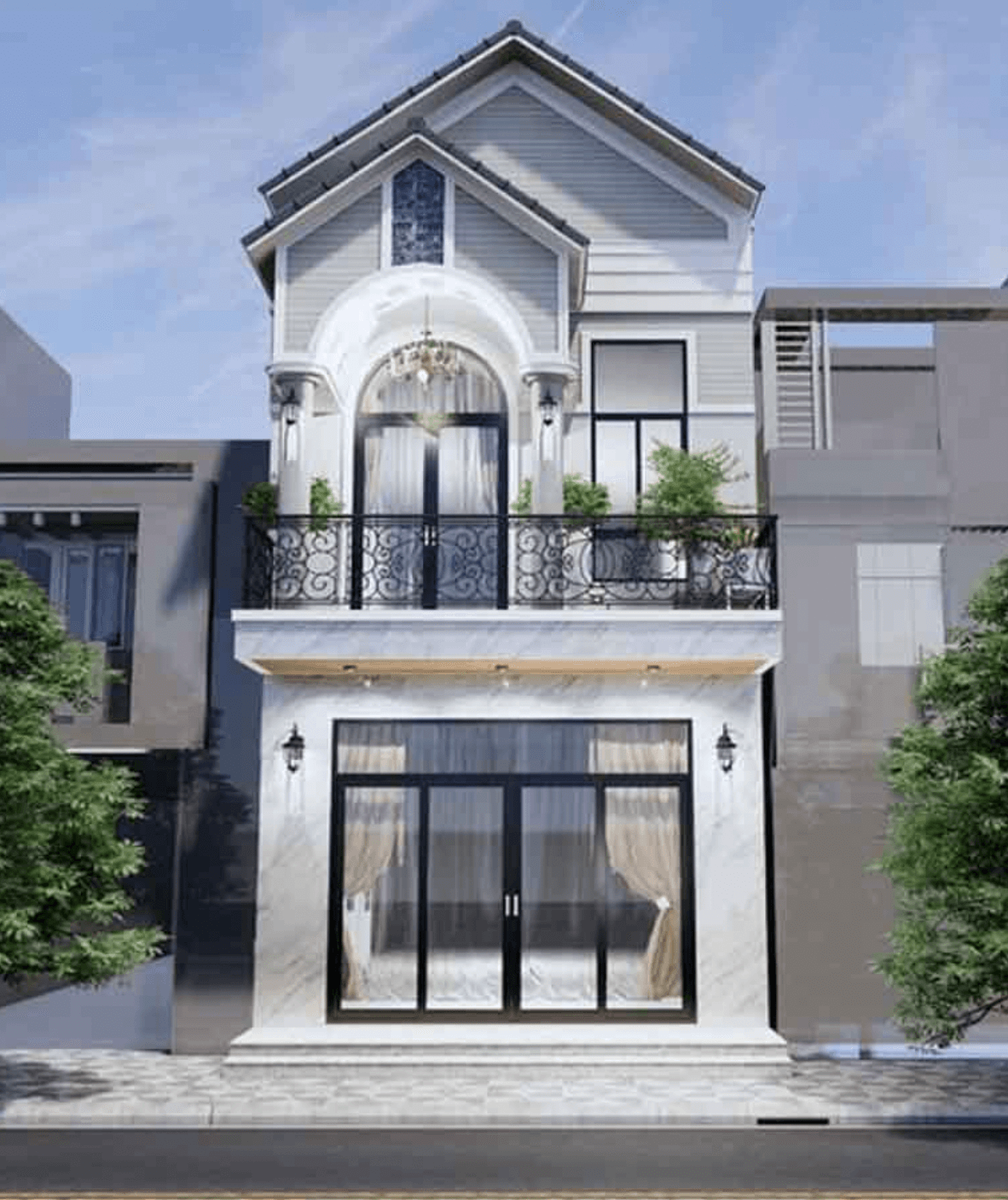 Nhà phố hai tầng hiện đại với ban công và cửa kính lớn, mang phong cách sang trọng giữa đô thị.