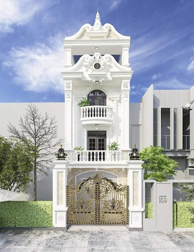 Nhà phố tân cổ điển 4 tầng, mặt tiền màu trắng với cổng sắt sang trọng tại Việt Nam.