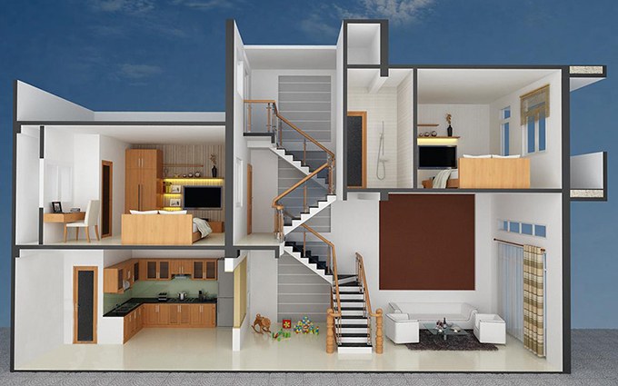 mau-nha-ong-2-tang-lech-2-6 Ngôi nhà hai tầng hiện đại với mặt cắt chi tiết, phòng khách, bếp và phòng ngủ phong cách tối giản.