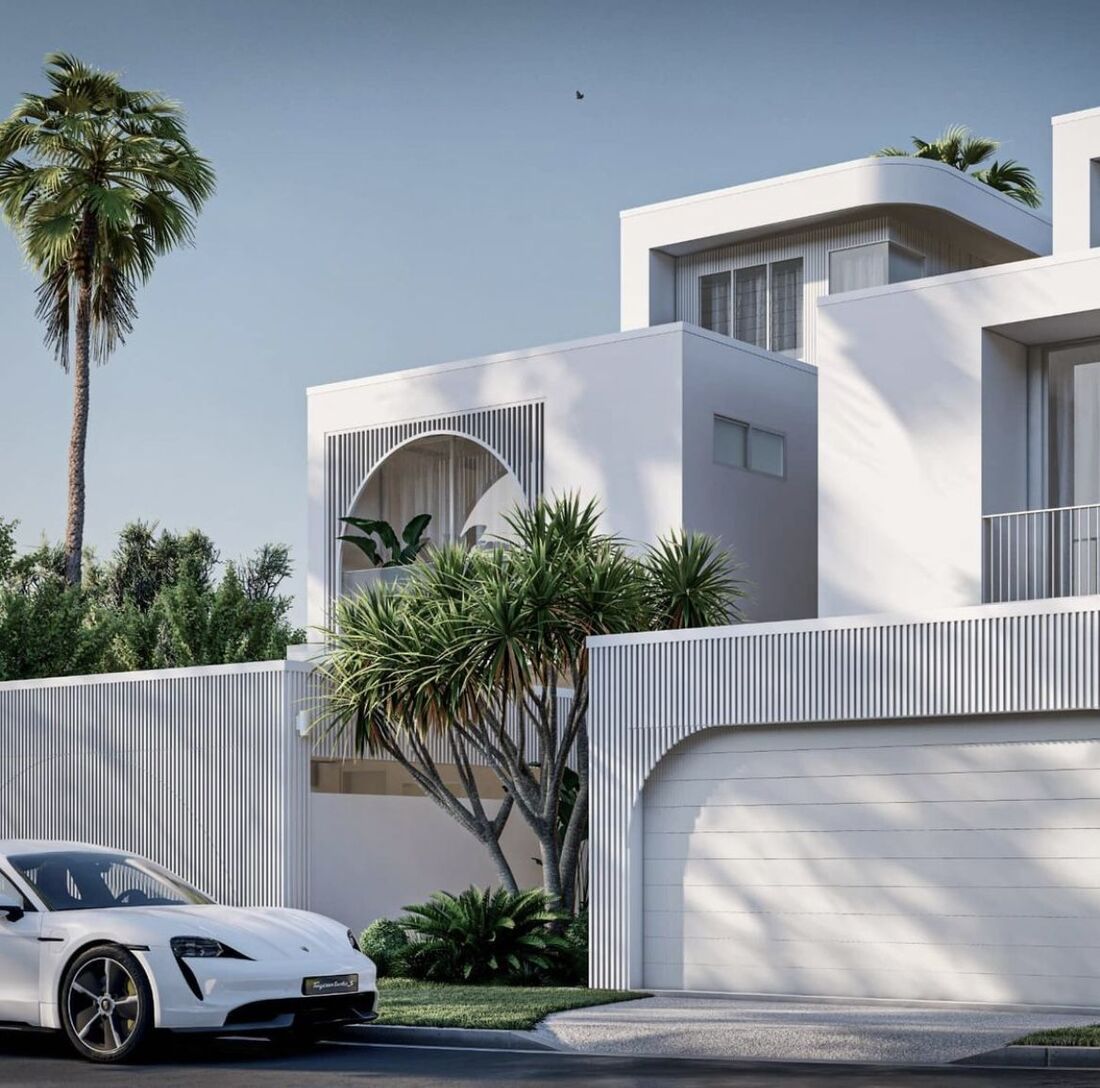 mau-nha-ong-2-tang-lech-22 Biệt thự hiện đại với cây cọ và xe hơi sang trọng đậu trước cửa, kiến trúc trắng tinh tế.