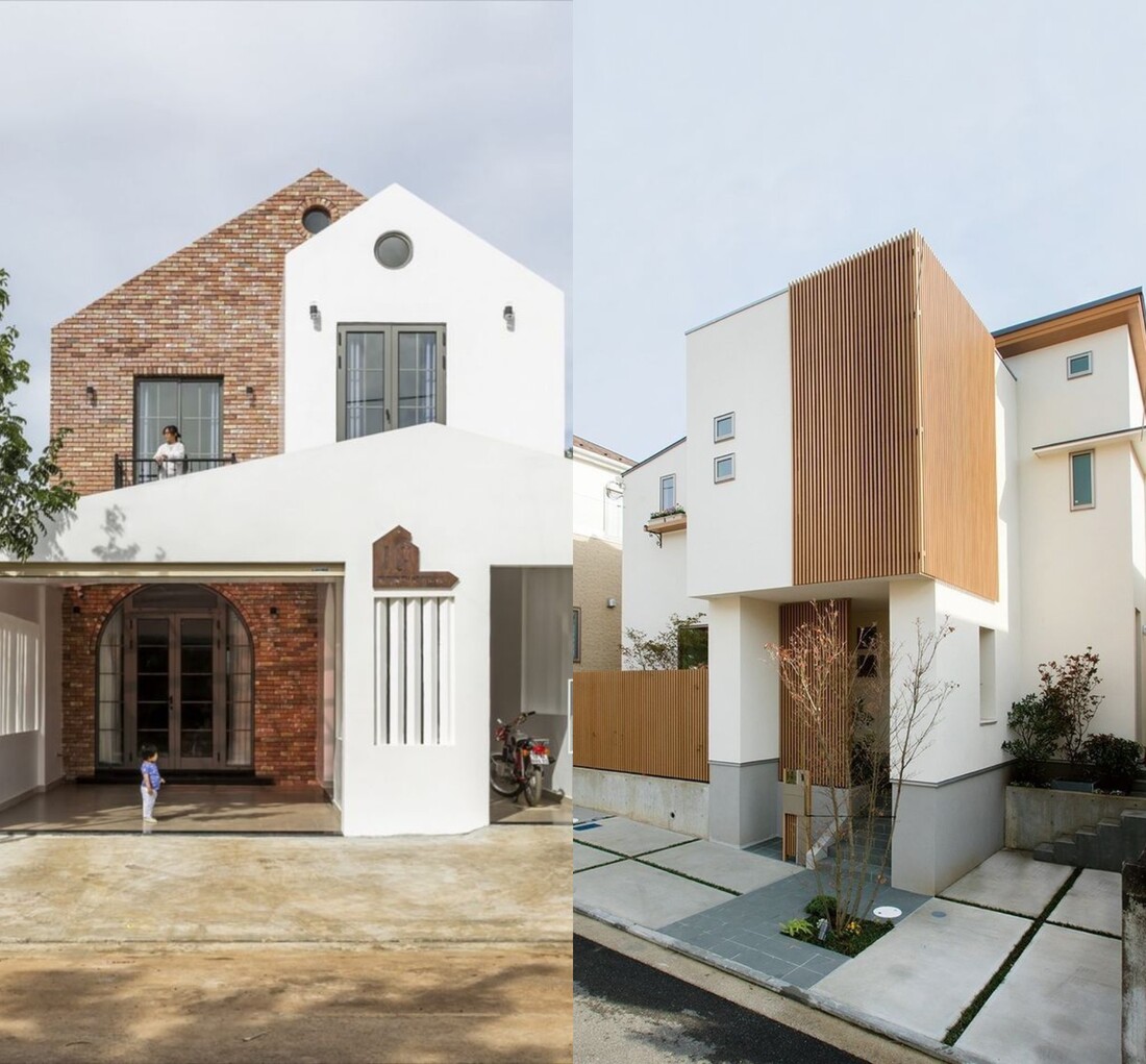 mau-nha-ong-2-tang-lech-29 Hai ngôi nhà hiện đại với thiết kế kiến trúc khác nhau, một dùng gạch cổ, một dùng tấm gỗ trang trí.