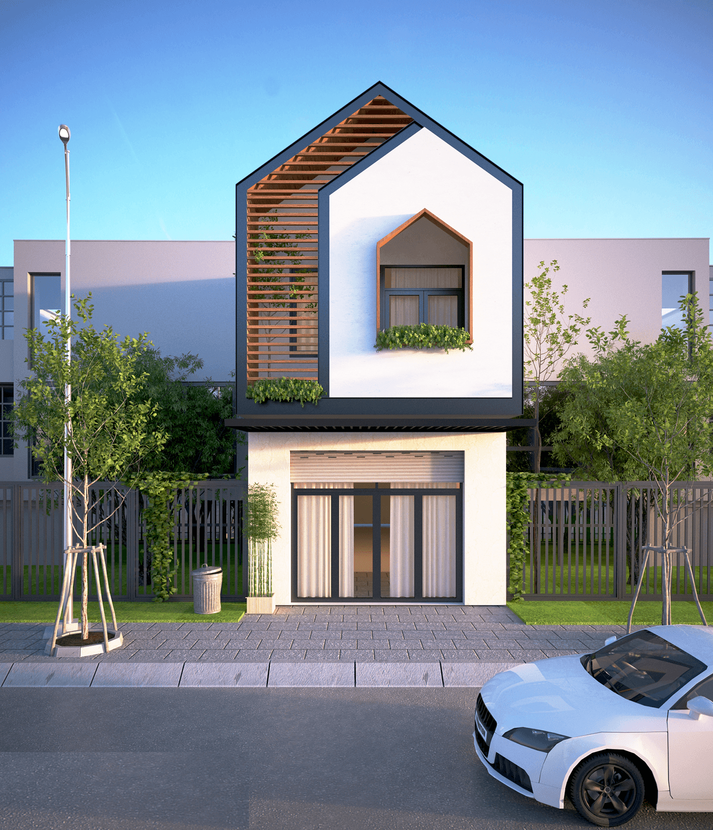 mau-nha-ong-2-tang-lech-dep-hien-dai-1 Nhà hai tầng với mặt tiền tinh tế, cây xanh xung quanh và ô tô trắng đậu phía trước.