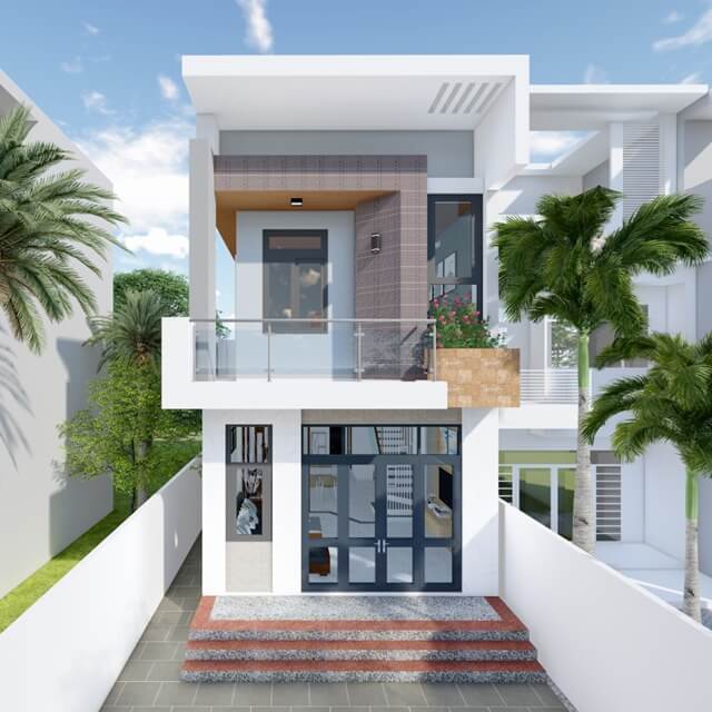 Nhà phố hai tầng hiện đại với cây cối xung quanh, thiết kế tối giản, cửa kính lớn.