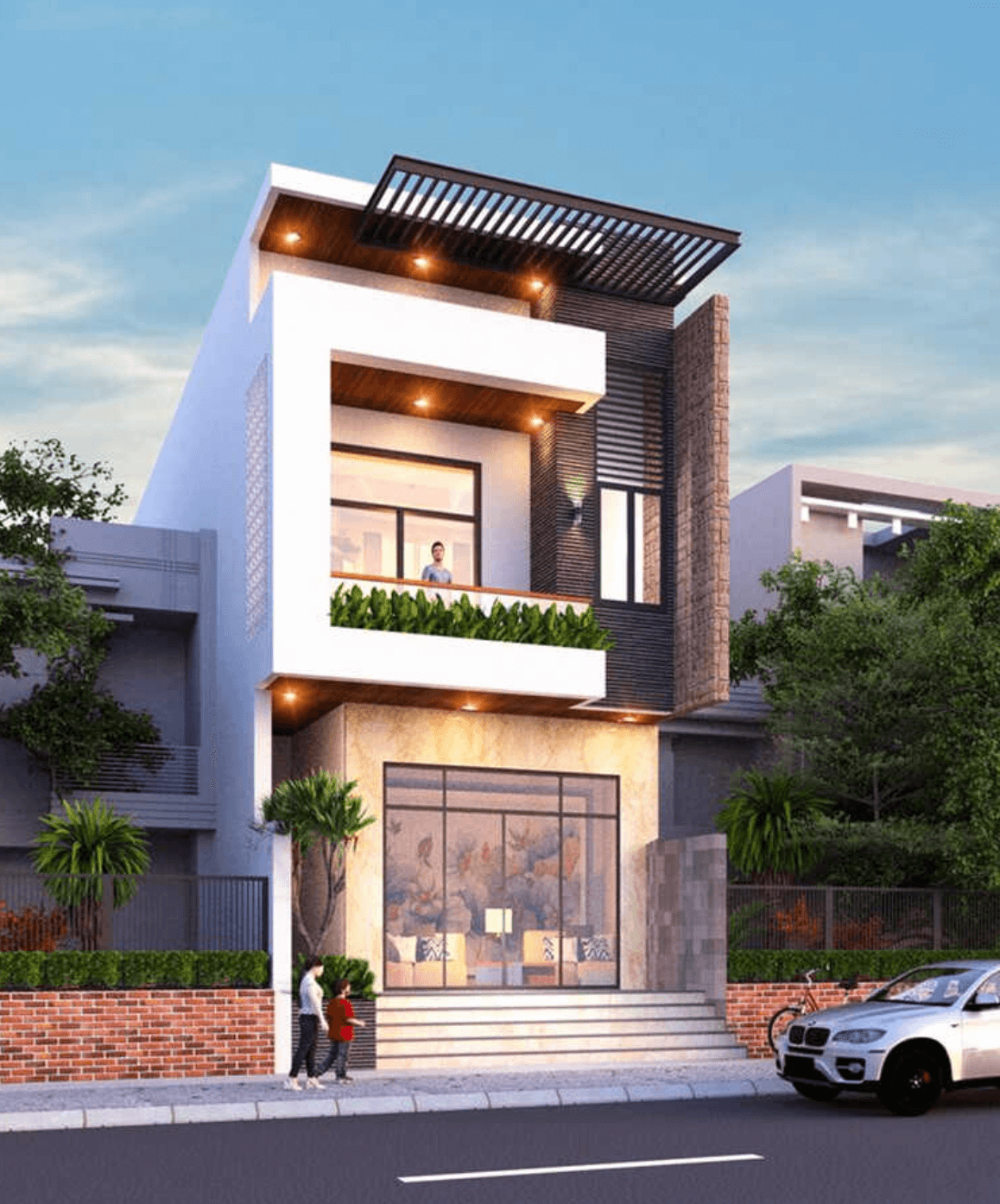 Nhà phố hiện đại hai tầng với ban công xanh, mặt tiền kính tại khu đô thị, ô tô và cây xanh xung quanh.