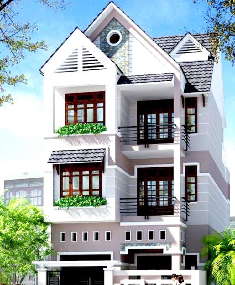 Nhà phố hiện đại 3 tầng với ban công cây xanh và cửa sổ lớn, thiết kế mái ngói đẹp, tọa lạc trong khu đô thị.