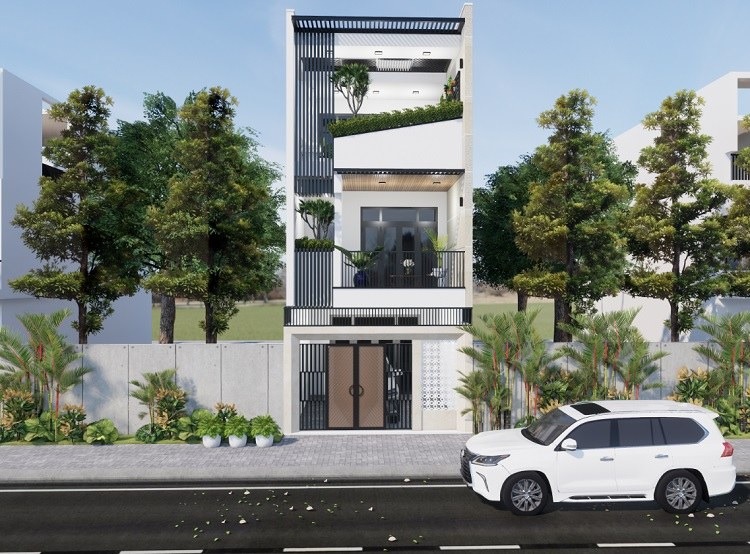 Nhà phố hiện đại ba tầng với cây xanh và ô tô trắng trước cổng, phong cách tối giản.