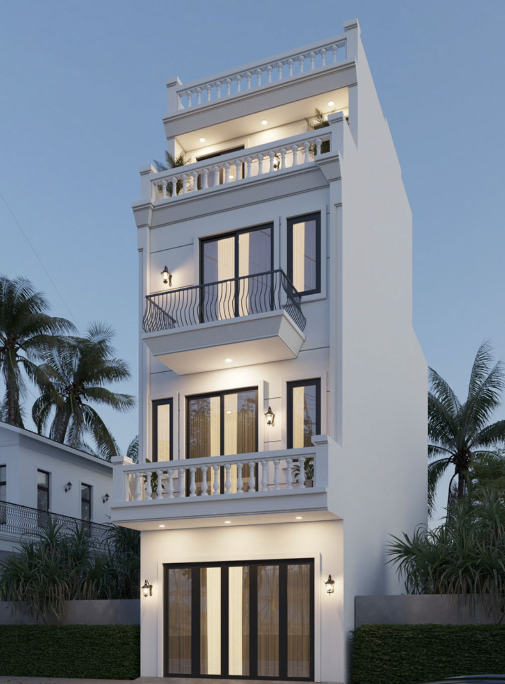 Nhà phố hiện đại với ba tầng, ban công rộng và cây cọ xung quanh, dưới bầu trời xanh buổi sáng.