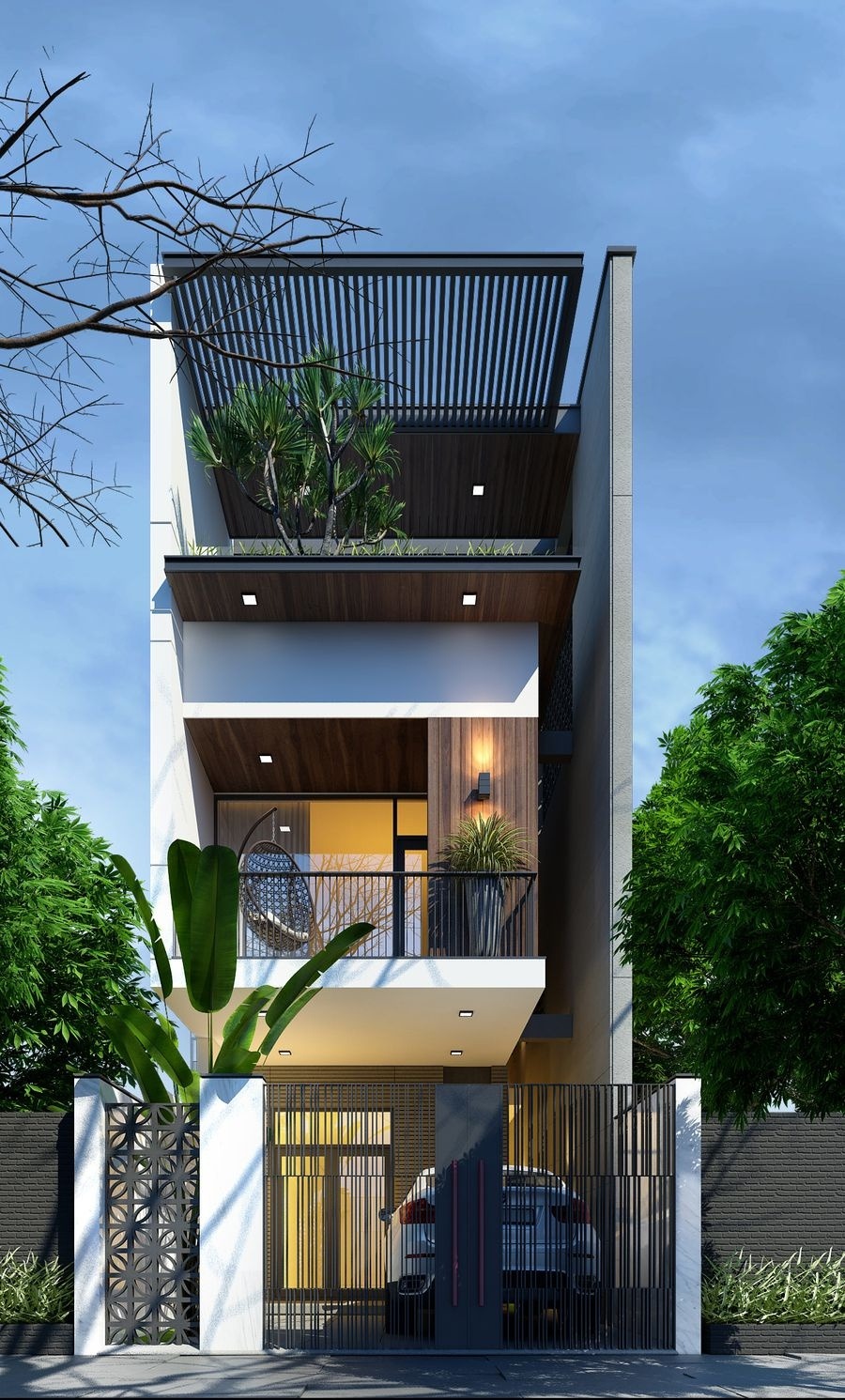 Nhà phố hiện đại ba tầng với ban công và cây xanh, thiết kế tối giản, sắc nét dưới bầu trời xanh.