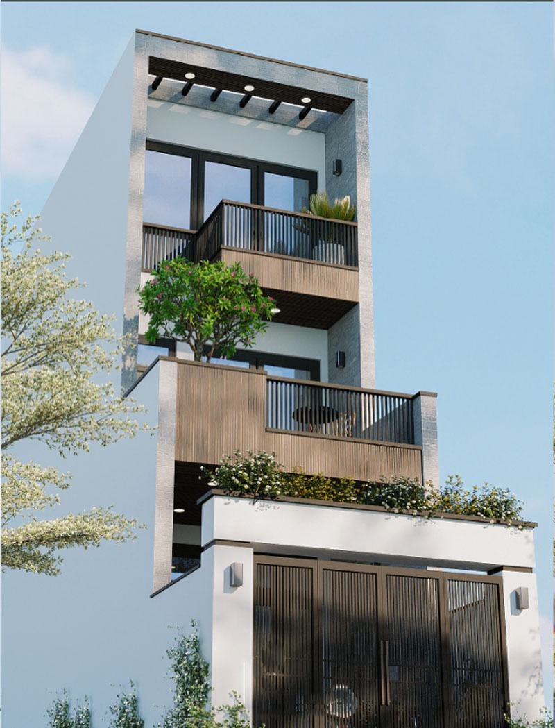 Ngôi nhà 3 tầng hiện đại có ban công và cây xanh, thiết kế tối giản sáng tạo.