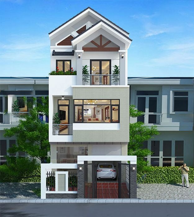 Nhà phố hiện đại 3 tầng, mặt tiền thoáng, cây xanh trang trí, gara ô tô ở tầng trệt.