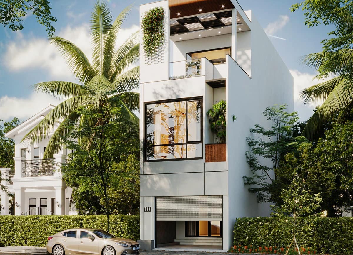 Nhà hiện đại ba tầng với cây xanh xung quanh, xe hơi đỗ phía trước, trời trong xanh.