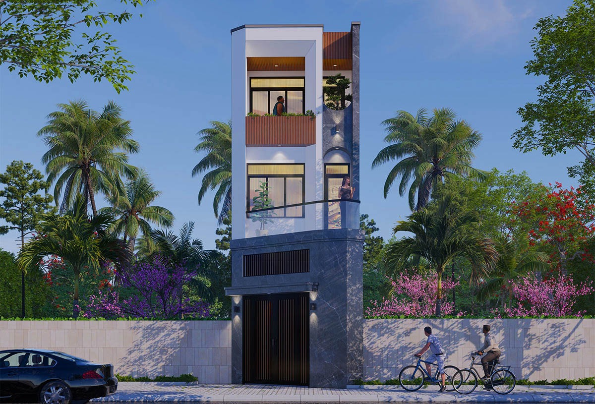 Nhà phố hiện đại nhiều tầng với sân vườn, cây cối xung quanh, hai người đi xe đạp trên đường phía trước.