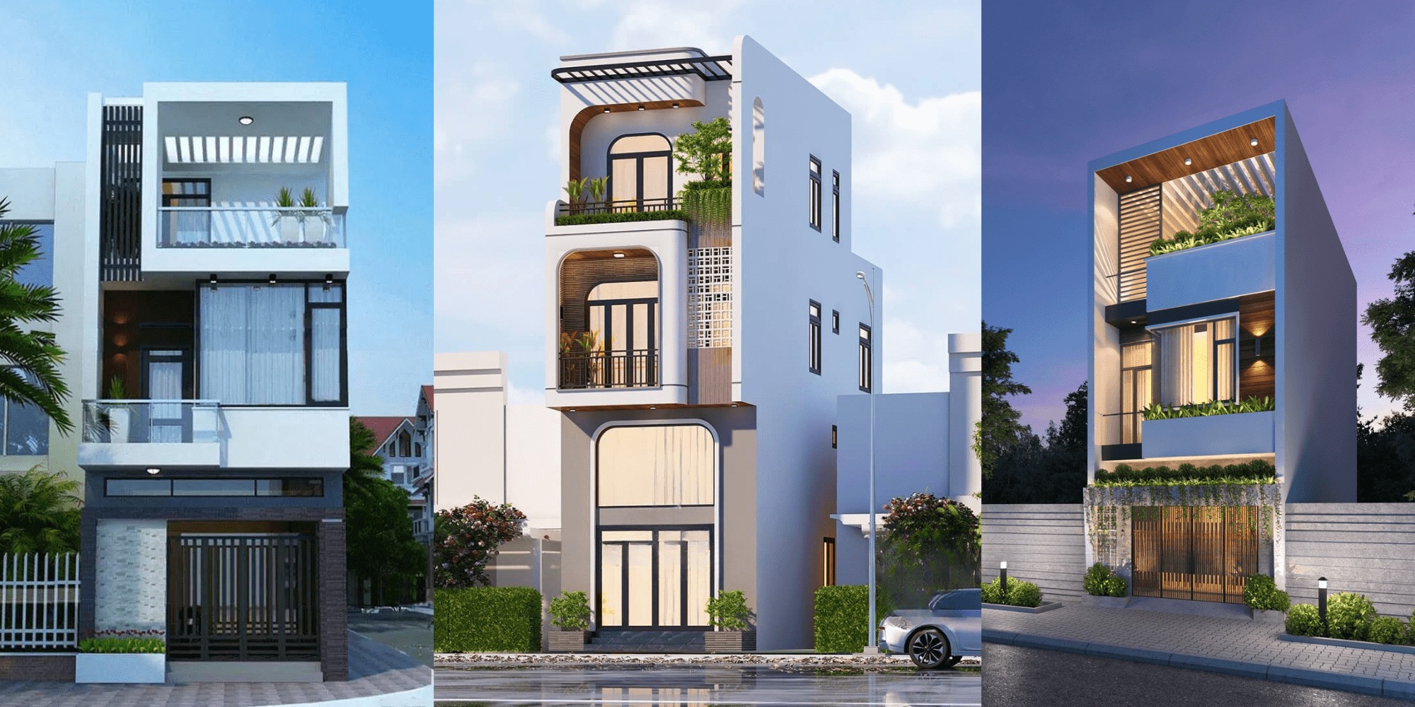 Ba ngôi nhà hiện đại với thiết kế độc đáo, kiến trúc tối giản và cây xanh trang trí.