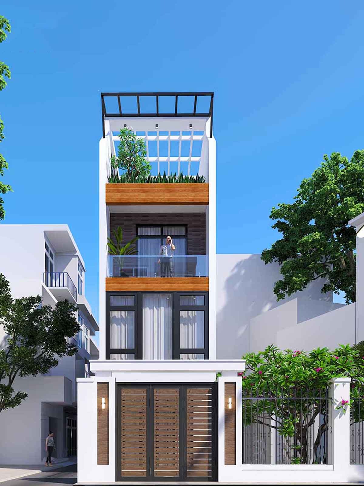 Nhà phố hiện đại ba tầng với ban công, cửa kính rộng và cây xanh trang trí, bầu trời xanh trong nền.