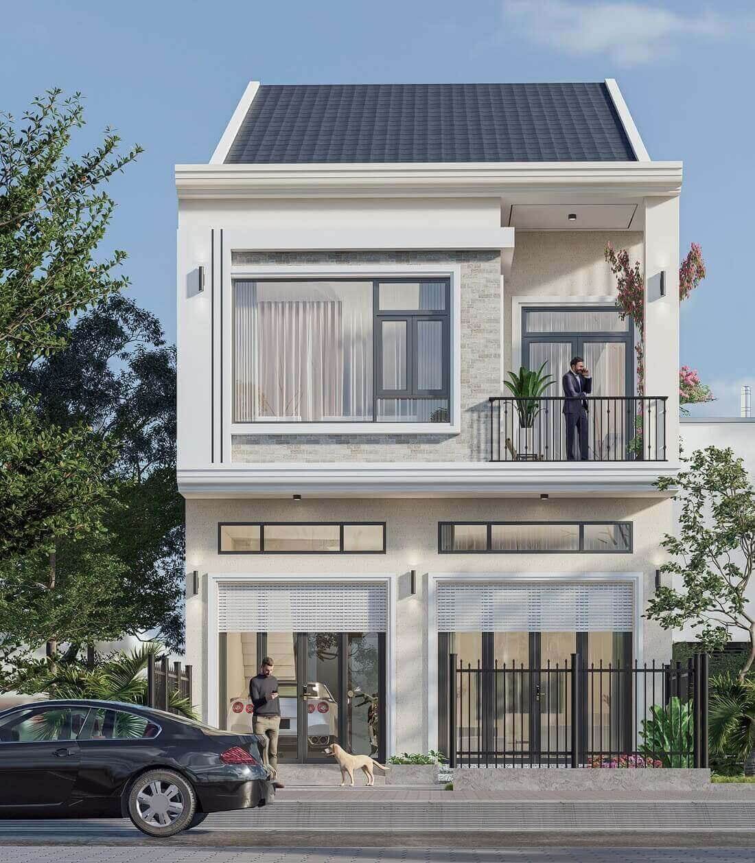Ngôi nhà hiện đại hai tầng với ban công, cây xanh và ô tô đậu phía trước, dưới bầu trời xanh sáng.