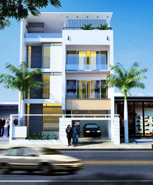 Nhà phố hiện đại ba tầng với gara ô tô phía trước, hai cây cọ hai bên, mặt tiền kính sáng sủa.