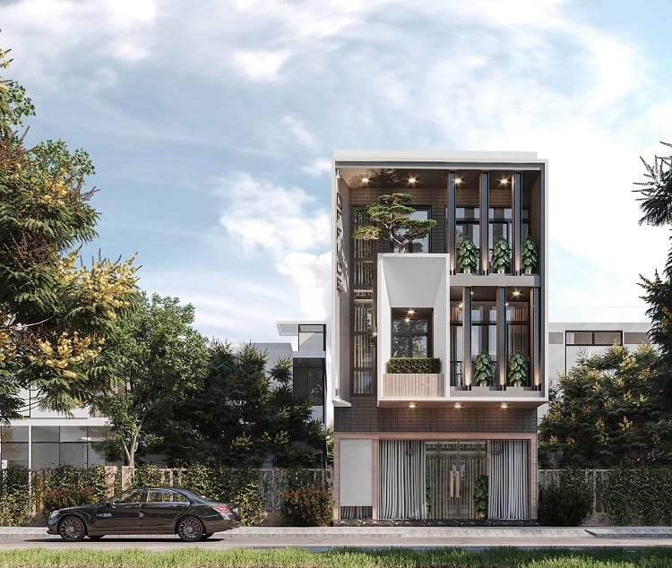 Ngôi nhà ba tầng hiện đại với cây xanh, cửa sổ kính lớn và chiếc xe ô tô đỗ phía trước.
