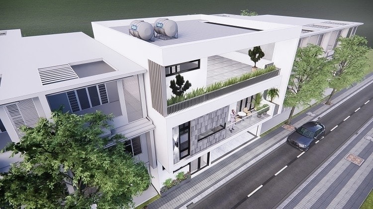 Nhà phố hiện đại hai tầng với sân thượng, cây xanh, và ô tô trên đường bên cạnh.