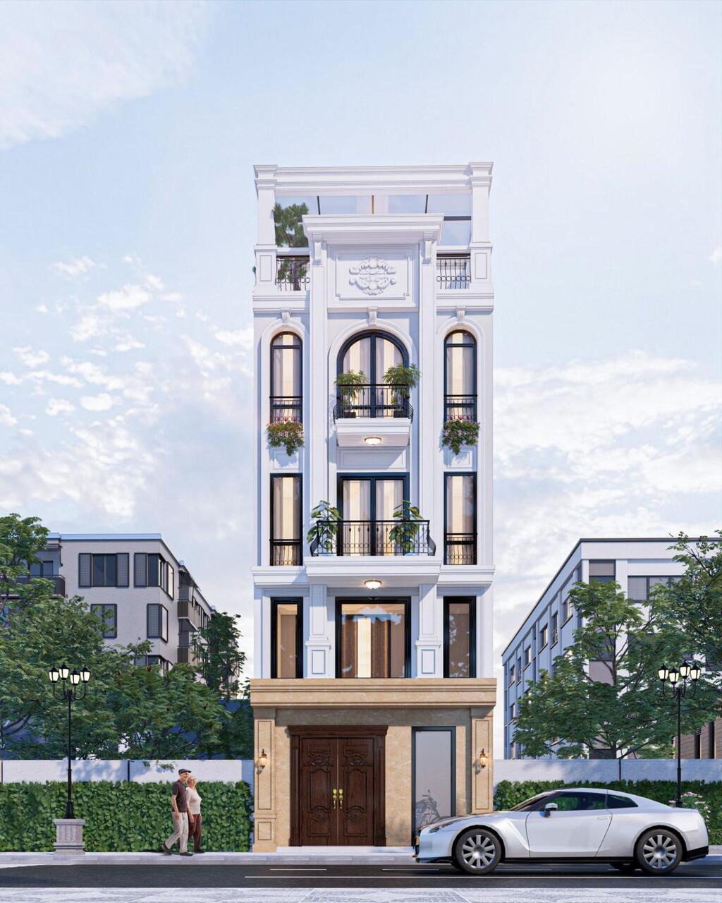 Nhà phố 4 tầng kiểu tân cổ điển, mặt tiền trắng, có cây xanh, xe hơi trắng đỗ trước cửa.