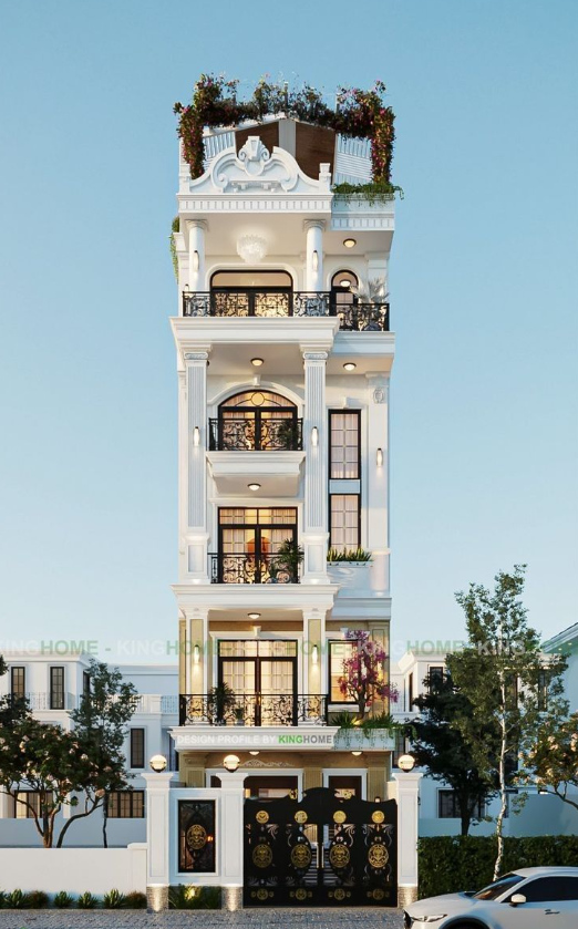 Mặt tiền biệt thự phố hiện đại, 5 tầng, kiến trúc đẹp, cây xanh trên ban công, trời xanh.