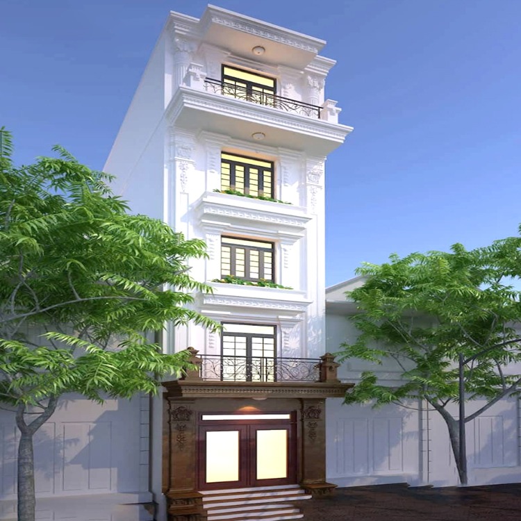 Tòa nhà 5 tầng màu trắng, thiết kế hiện đại với cây xanh bao quanh dưới bầu trời xanh trong.