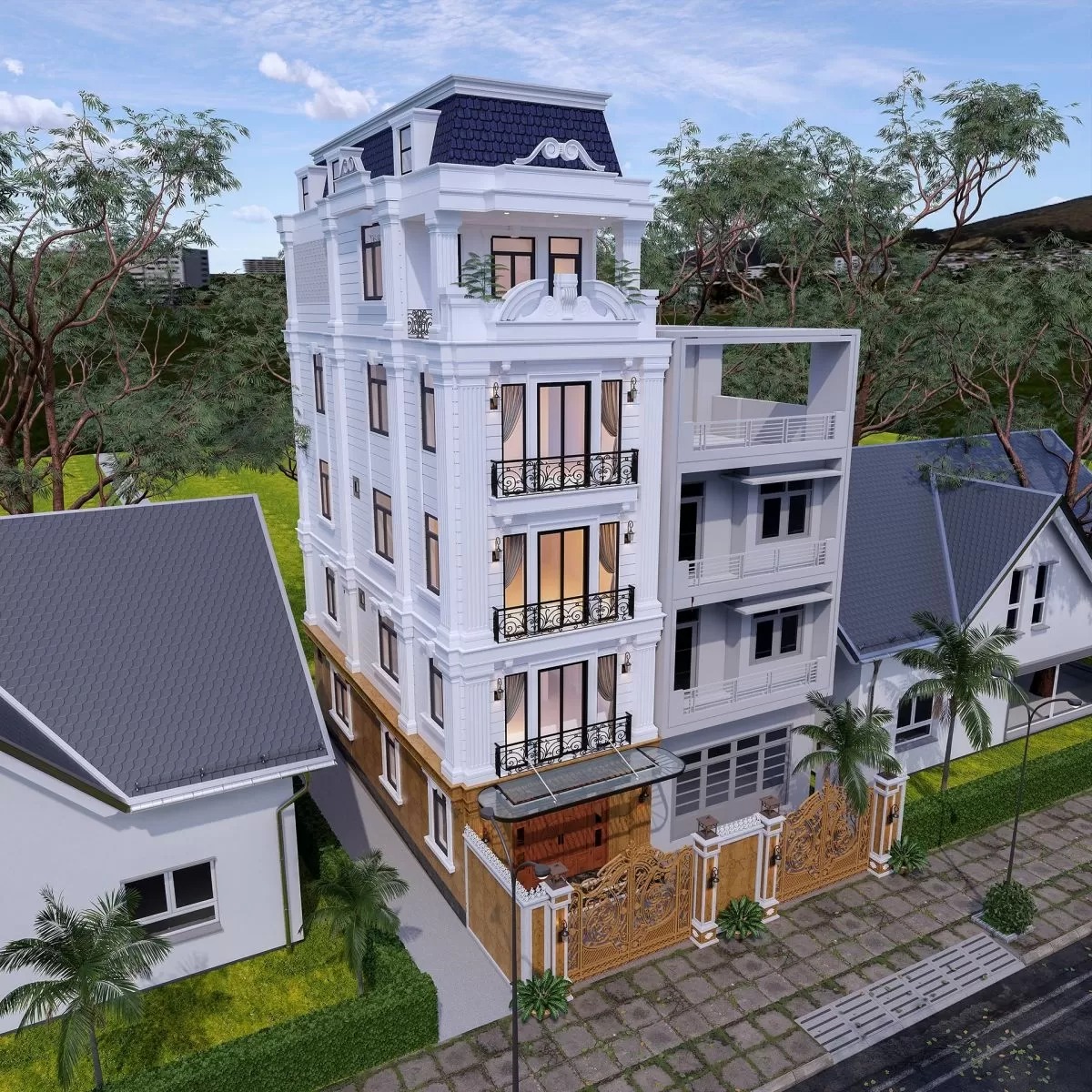 Tòa nhà 6 tầng sang trọng với kiến trúc hiện đại, nằm giữa khuôn viên cây xanh.