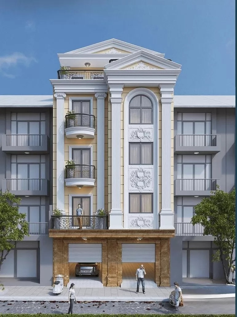 Tòa nhà phong cách tân cổ điển với ban công và cột trang trí, hai cửa cuốn dưới cùng.