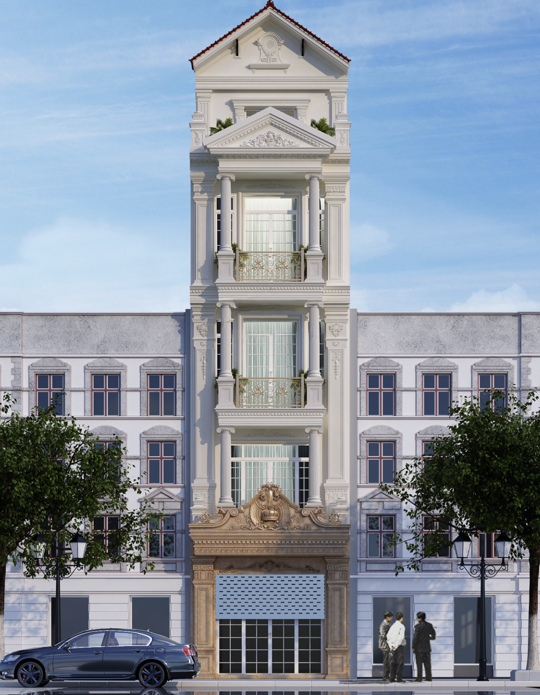 Tòa nhà phong cách tân cổ điển với mặt tiền chi tiết, cây xanh và ôtô đỗ trước.