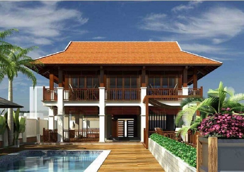 Biệt thự hiện đại với mái ngói đỏ, hồ bơi trước sân, cây cọ và ban công gỗ.