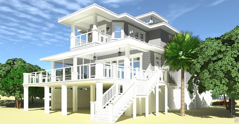 Nhà sàn hiện đại với ban công lớn, cây xanh xung quanh, bầu trời xanh, phong cách kiến trúc độc đáo và sang trọng.