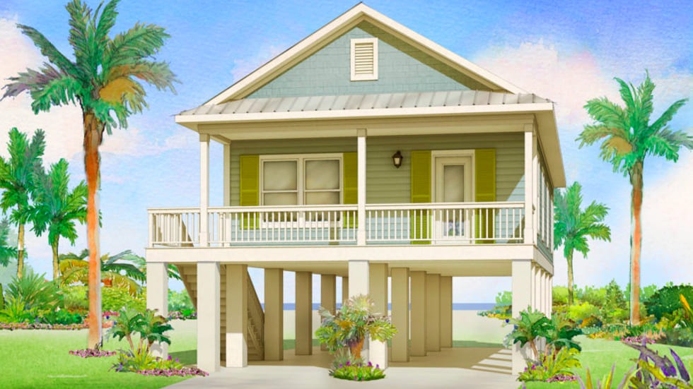 Nhà sàn gỗ màu xanh, hai tầng với sân thượng, xung quanh có cây cọ, nhìn ra biển dưới bầu trời xanh.