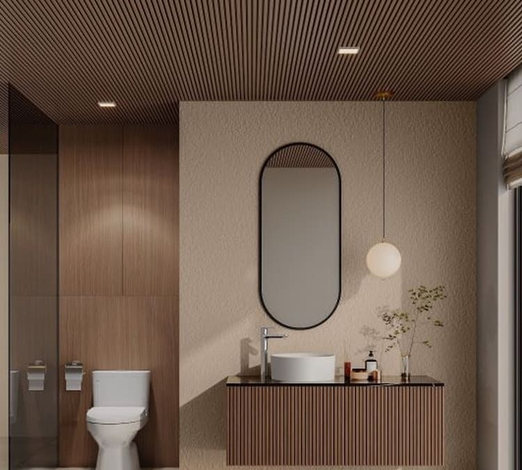 Phòng tắm hiện đại với bồn rửa, gương dài và đèn treo trang trí trên nền tường gỗ tinh tế.