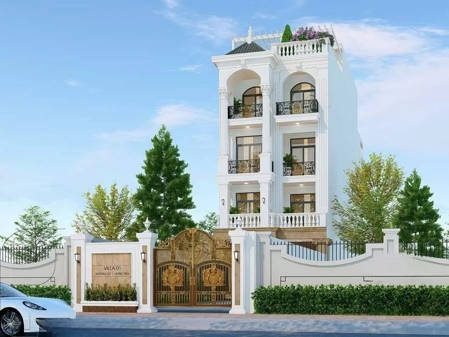 Biệt thự sang trọng ba tầng với thiết kế cổ điển, cổng vàng và cây xanh xung quanh.