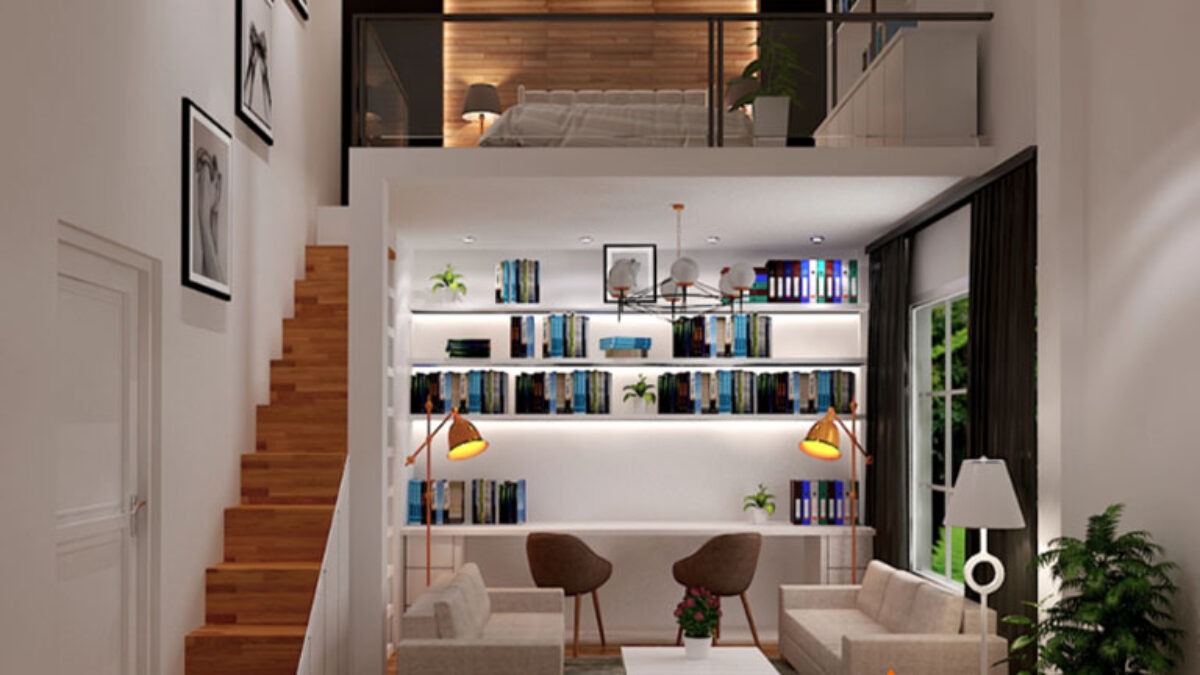 Phòng khách nhỏ có gác lửng, bàn đọc sách, đèn trang trí và cầu thang gỗ, tối giản và hiện đại.