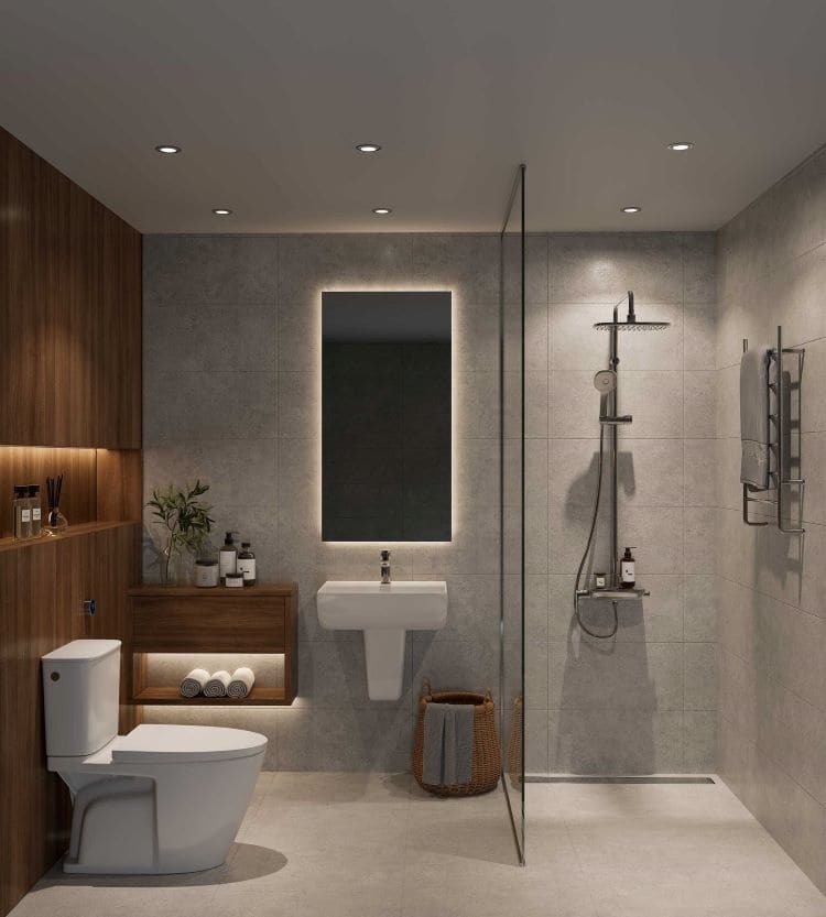 Phòng tắm hiện đại với gương đèn LED, vòi sen và nội thất gỗ tối giản.
