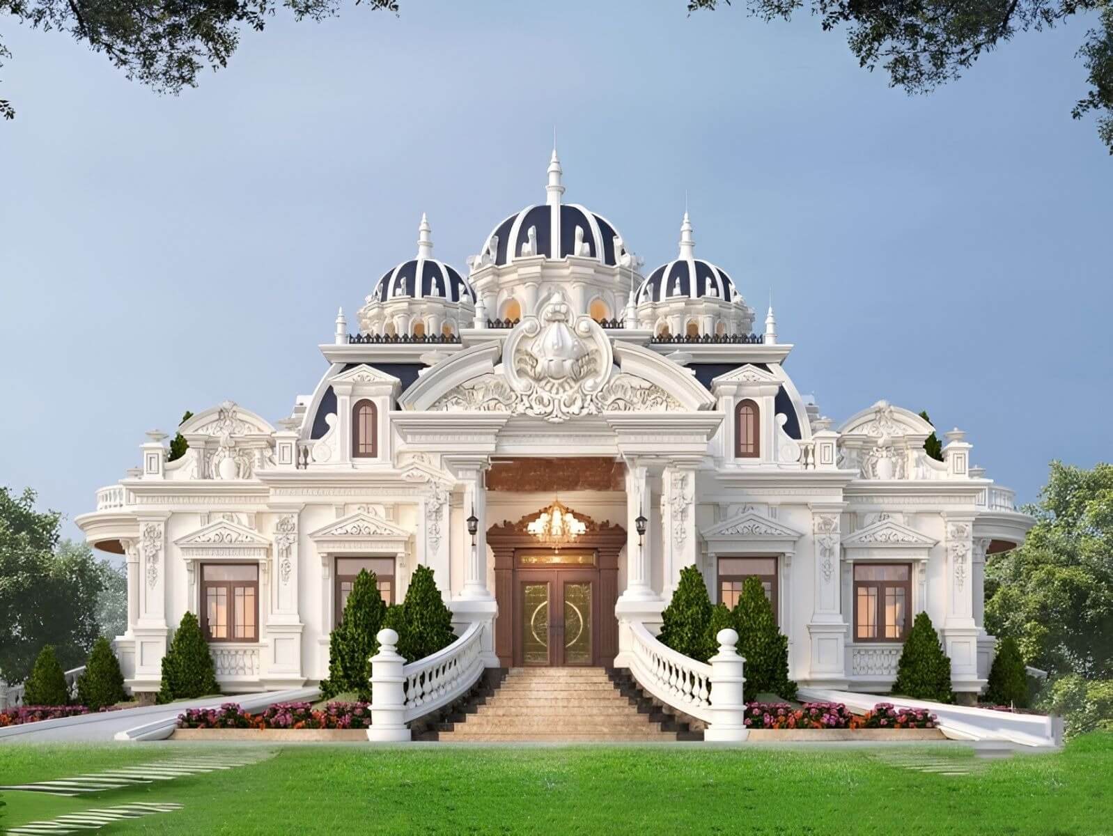 Biệt thự cổ điển với mái vòm lộng lẫy và sân trước xanh mát, thiết kế sang trọng và độc đáo.