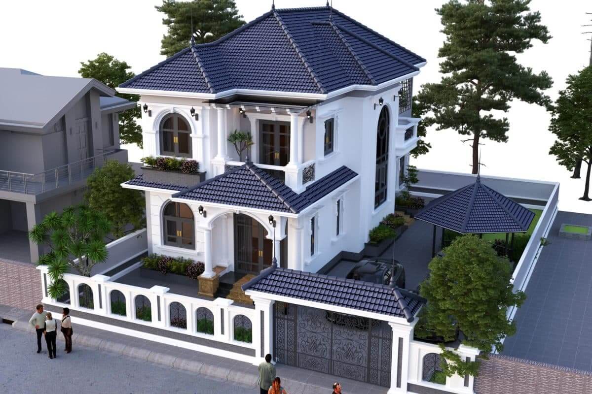 Biệt thự hai tầng hiện đại với mái ngói xanh và sân vườn, thiết kế sang trọng ở khu dân cư yên tĩnh.