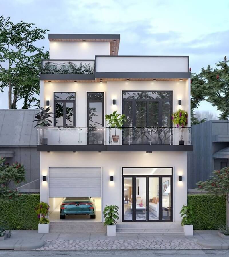 mau-nha-vuong-10x10-2-tang-hop-phong-thuy-1 Nhà hiện đại hai tầng với gara, ban công cây xanh, cửa kính lớn, thiết kế đẹp.
