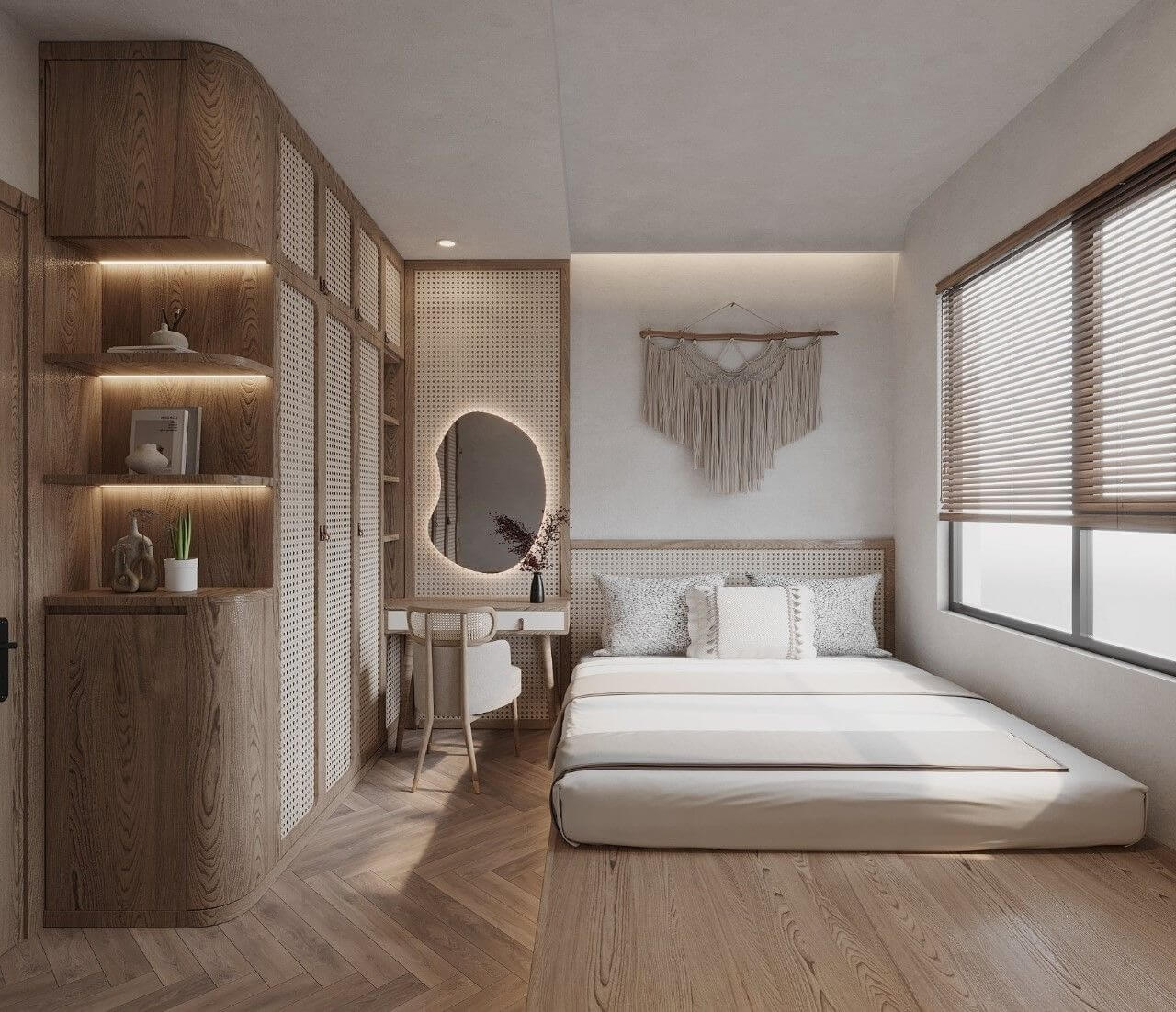 Phòng ngủ hiện đại với nội thất gỗ, giường đôi, trang trí tinh tế và ánh sáng tự nhiên từ cửa sổ lớn.