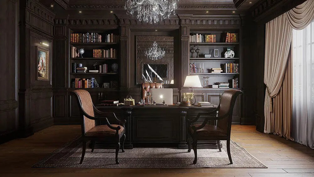 Văn phòng phong cách cổ điển với bàn gỗ tối, ghế da sang trọng và đèn chùm pha lê.