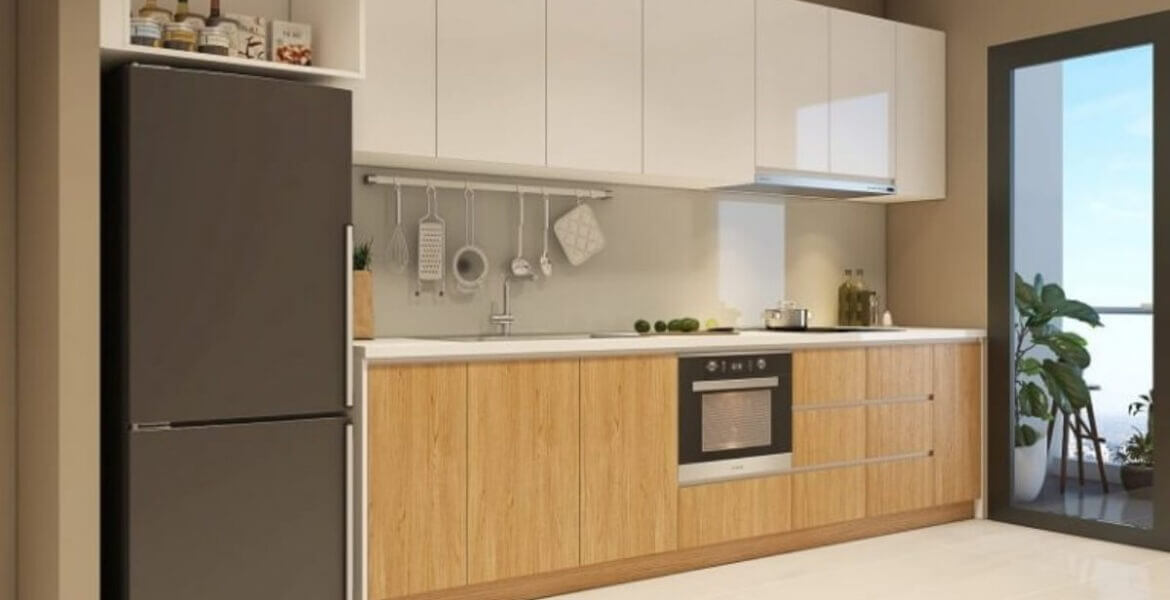 Mẫu phòng bếp căn hộ chung cư từ gỗ tự nhiên