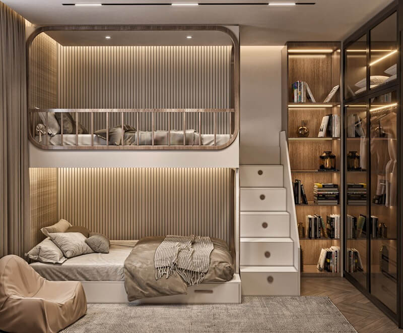 Mẫu phòng ngủ 2 giường bố mẹ & bé 1